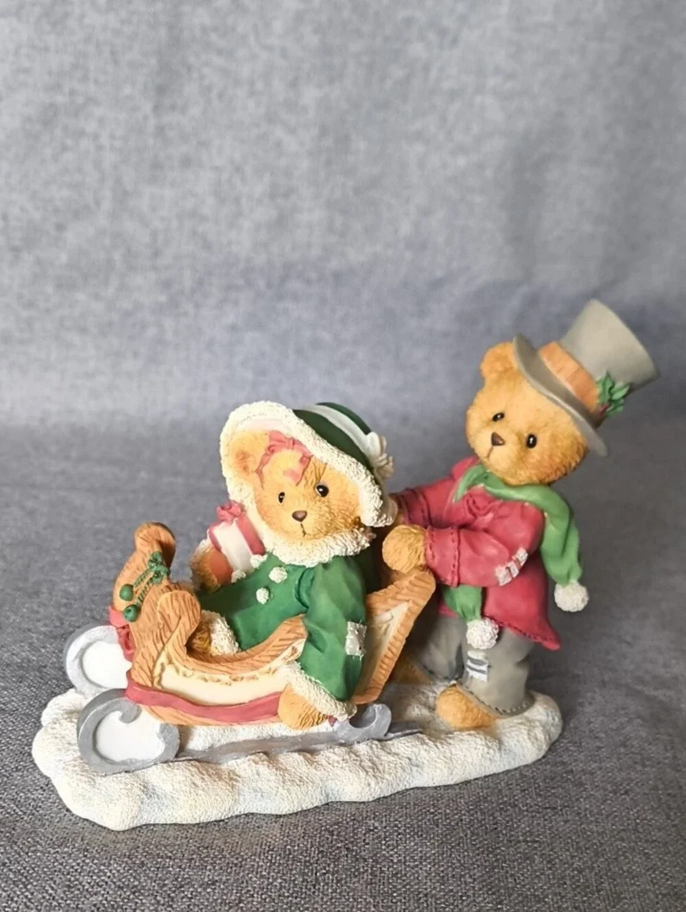 Cherished Teddies Holiday Bear Couple Figurine - Green & Red
